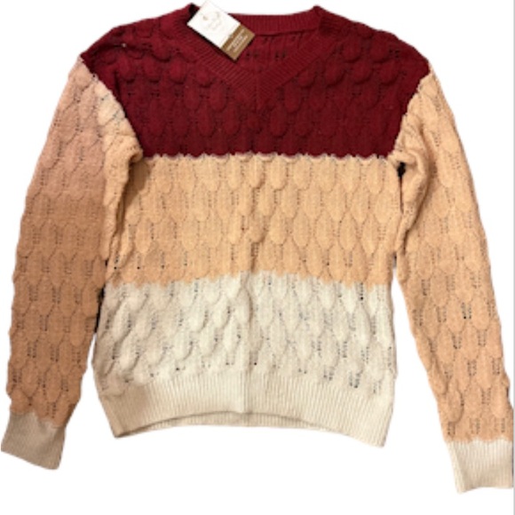 Scalloped knitted Color block V neck sweater - Picture 1 of 3